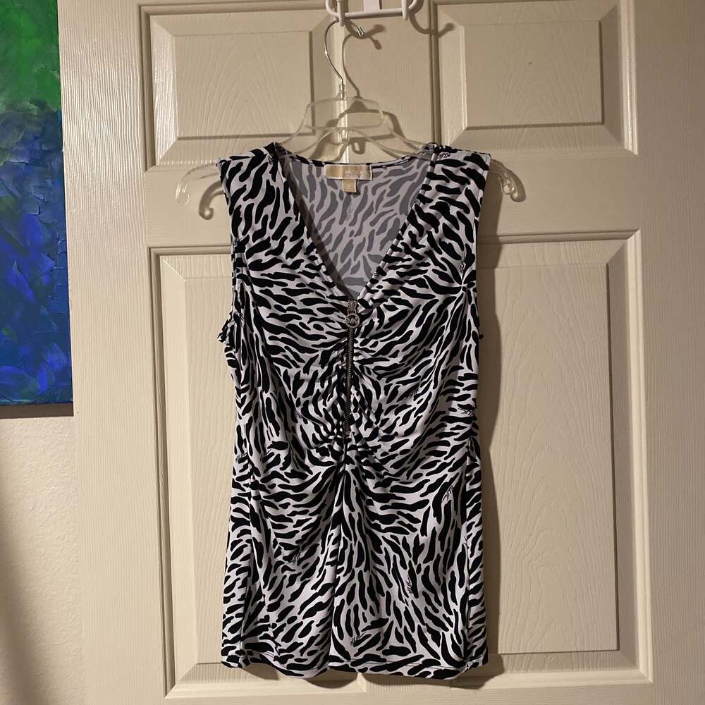 MICHAEL KORS Zebra Animal Print Sleeveless V-Neck Blouse Top